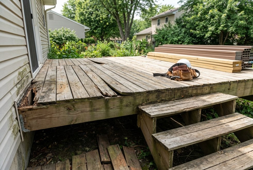 A worn wooden deck attached to a residential house shows decay and water damage. In the background, new lumber and tools represent repairs for the hidden costs of cheap construction.