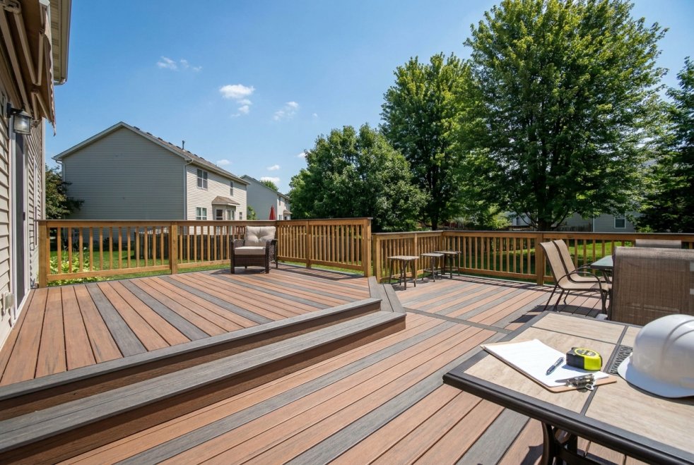 Composite deck with patio seating in a suburban New Jersey backyard under a clear blue sky