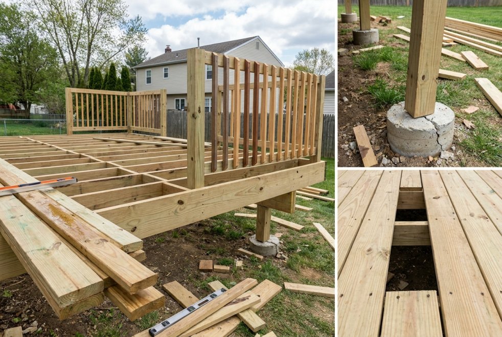 Incomplete deck frame with uneven footings, scattered lumber, and gaps in decking at a suburban home