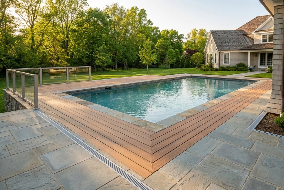 Modern backyard pool deck with stone pavers, wood decking, glass railing, and a home in the background